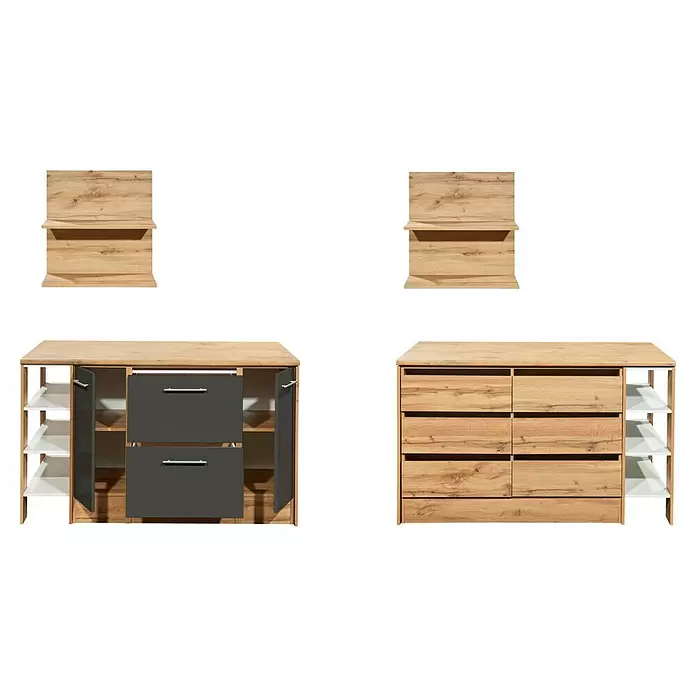 Respekta Inselküche Hilde Insel - Breite: 150 cm, Grau, Matt, Ohne Elektrogeräte - Helles Holz-Sideboard mit dunkelgrauen Schubladen, weißen Regalen und zwei passenden Wandregalen.