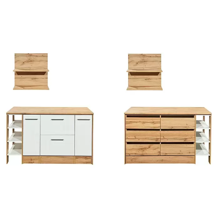 Respekta Inselküche Hilde Insel - Breite: 150 cm, Weiß, Matt, Ohne Elektrogeräte - Modulares Stauraum-Möbelset aus hellem Holz und Weiß, bestehend aus Wandregalen und Unterschränken mit Schubladen und offenen Fächern.