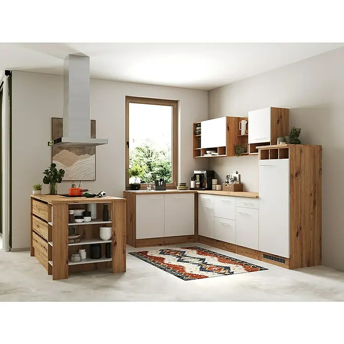 Respekta Inselküche Hilde Typ 1 - Breite: 280 cm, Weiß, Matt, Mit Elektrogeräten - Kücheninterieur mit modernem Küchentisch und Insel, weißen Schränken und Holzakzenten für ein helles, einladendes Ambiente.