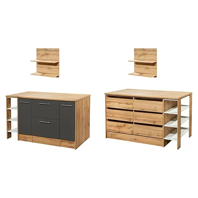 Respekta Inselküche Hilde Insel - Breite: 150 cm, Grau, Matt, Ohne Elektrogeräte - Set aus hellem Holz und Dunkelgrau: zwei Standmöbel und zwei Wandregale mit weißen Ablagen.
