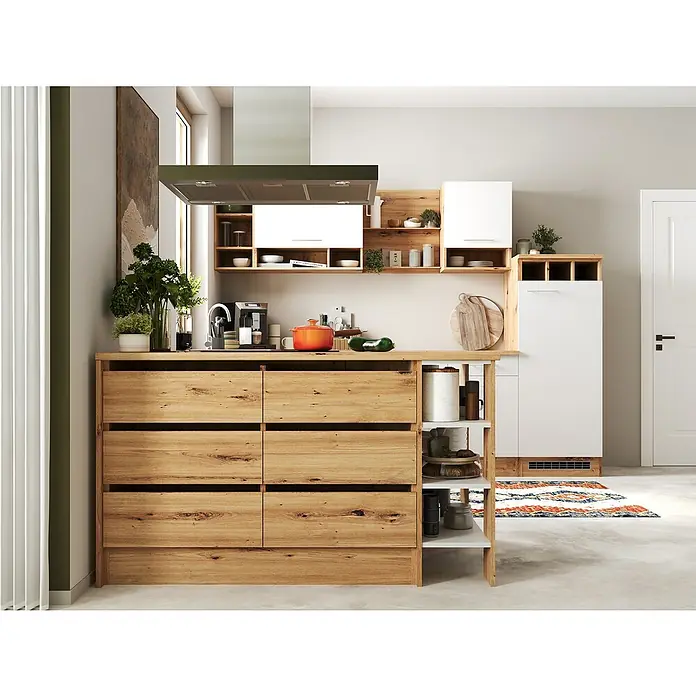 Respekta Inselküche Hilde Typ 1 - Breite: 280 cm, Weiß, Matt, Mit Elektrogeräten - Modernes Küchendesign mit einer stilvollen Holzkücheninsel mit Schubladen und offenen Regalen, ergänzt durch Hängeschränke.
