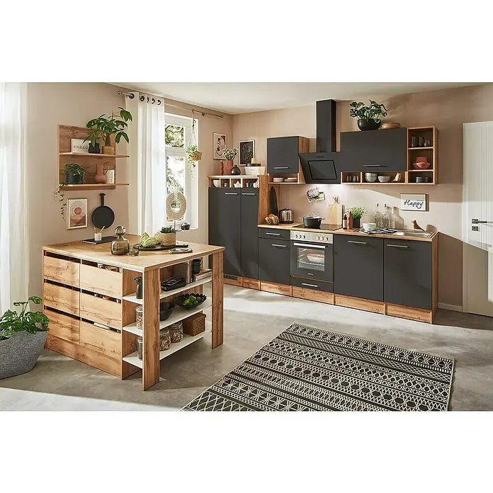Respekta Inselküche Hilde Typ 2 - Breite: 310 cm, Grau, Mit Elektrogeräten - Moderne Küche mit Kücheninsel, dunklen Schränken und Holzelementen. Eine stilvolle und funktionale Kücheneinrichtung für Ihr Zuhause.