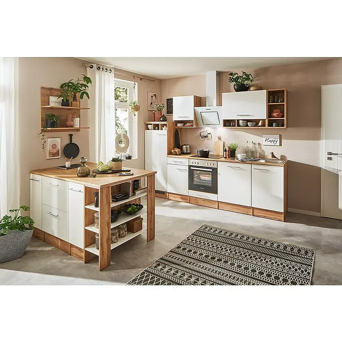Respekta Inselküche Hilde Typ 2 - Breite: 280 cm, Weiß, Mit Elektrogeräten - Helle, moderne Küche mit Kochinsel in Holz- und Weißtönen, ausgestattet mit stilvollen Regalen und einem gemusterten Teppich.