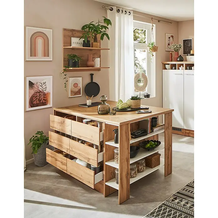 Respekta Inselküche Hilde Insel - Breite: 150 cm, Weiß, Matt, Ohne Elektrogeräte - Kücheninsel mit Holzoptik, Schubladen und Regalen bietet viel Stauraum und Arbeitsfläche. Ideal für moderne Küchen.