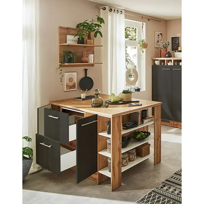 Respekta Inselküche Hilde Insel - Breite: 150 cm, Grau, Matt, Ohne Elektrogeräte - Eine moderne Kücheninsel mit Schubladen und Regalen, ideal für Stauraum und Arbeitsfläche in der Küche. Die Holztöne schaffen eine warme Atmosphäre.