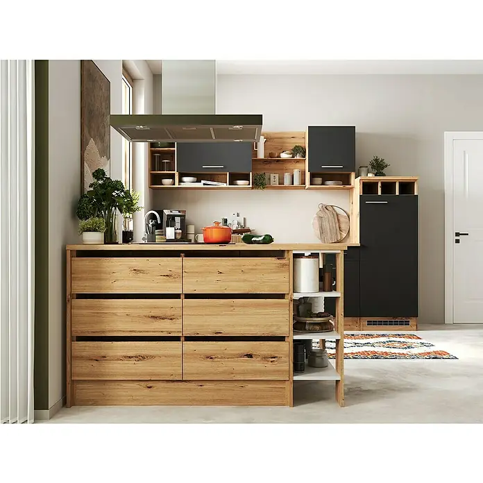Respekta Inselküche Hilde Typ 1 - Breite: 280 cm, Grau, Matt, Mit Elektrogeräten - Modernes Küchendesign mit Holzfronten, dunklen Schränken und stilvoller Dunstabzugshaube für ein elegantes Ambiente.