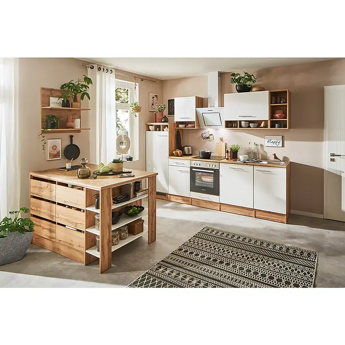 Respekta Inselküche Hilde Typ 2 - Breite: 280 cm, Weiß, Mit Elektrogeräten - Eine Küche mit hellen Holz- und weißen Akzenten, ausgestattet mit einer Kochinsel, bietet einen modernen und einladenden Raum zum Kochen.