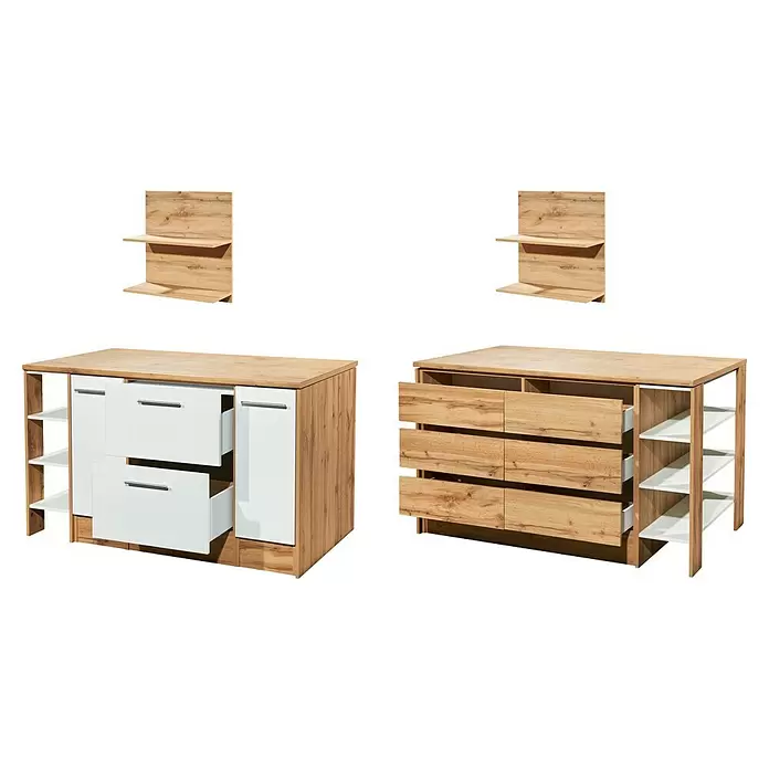 Respekta Inselküche Hilde Insel - Breite: 150 cm, Weiß, Matt, Ohne Elektrogeräte - Sideboard in heller Eichenoptik mit weißen Schubladen und offenen Regalen, dazu passende Wandregale für vielseitigen Stauraum.