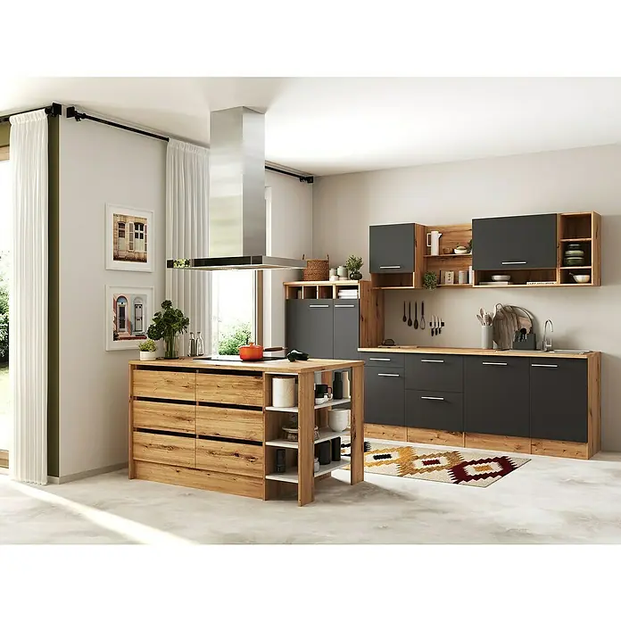 Respekta Inselküche Hilde Typ 1 - Breite: 310 cm, Grau, Mit Elektrogeräten - Moderne Küche mit Kochinsel, grauen Schränken und Holzakzenten für ein stilvolles und funktionales Design.