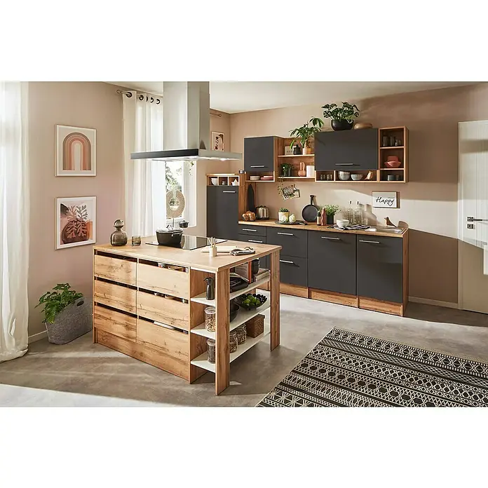 Respekta Inselküche Hilde Typ 1 - Breite: 280 cm, Grau, Mit Elektrogeräten - Moderne Küche mit Kochinsel. Graue Schränke kombiniert mit warmen Holzelementen schaffen eine gemütliche Atmosphäre in diesem Küchenraum.