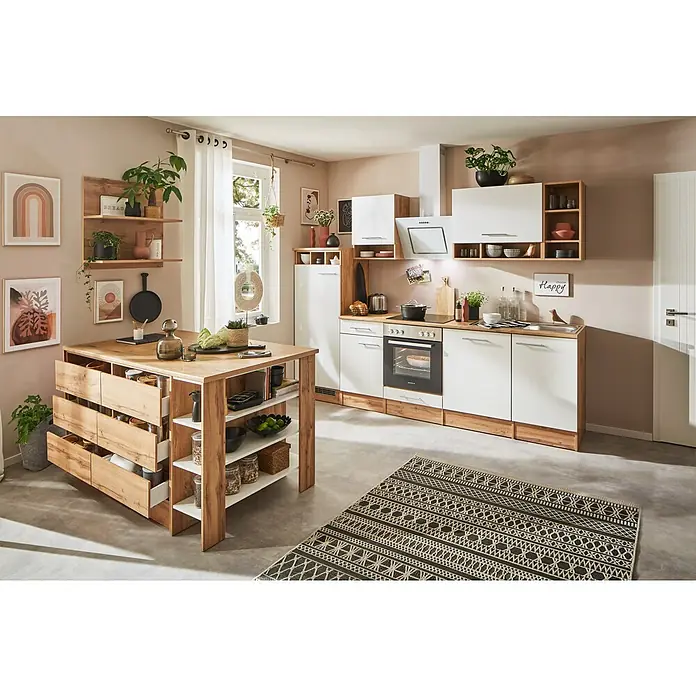 Respekta Inselküche Hilde Typ 2 - Breite: 280 cm, Weiß, Mit Elektrogeräten - Helle, moderne Küche mit einer Kücheninsel aus Holz und weißen Schränken, die eine warme, einladende Atmosphäre schafft.