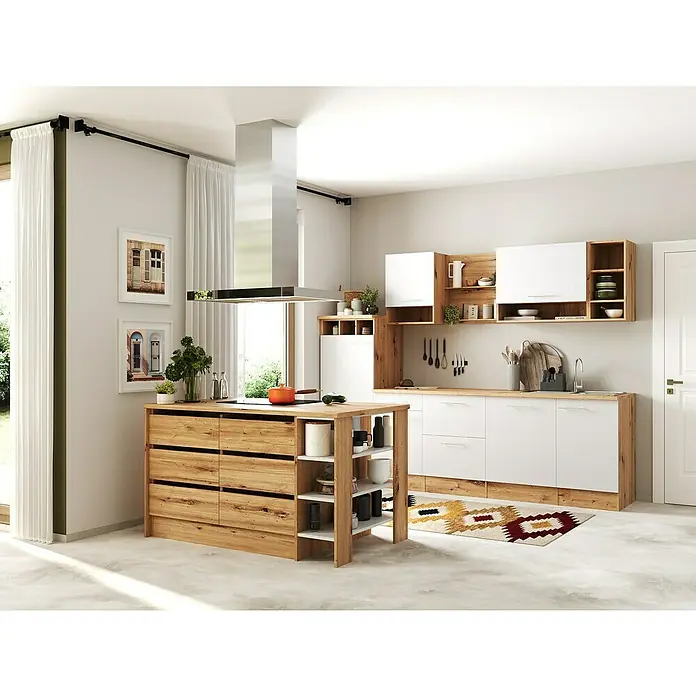 Respekta Inselküche Hilde Typ 1 - Breite: 280 cm, Weiß, Mit Elektrogeräten - Helle Küche mit Kochinsel und modernen Elementen. Die Holzelemente und weißen Oberflächen sorgen für eine freundliche Atmosphäre.