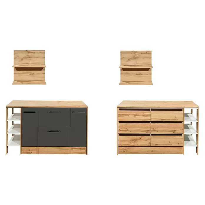 Respekta Inselküche Hilde Insel - Breite: 150 cm, Grau, Matt, Ohne Elektrogeräte - Modulares Holzmöbelset in heller Holzoptik mit dunkelgrauen und hellen Holzschubladen/Türen und weißen offenen Regalen.