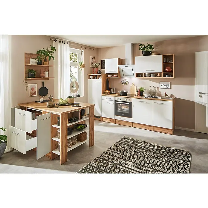Respekta Inselküche Hilde Typ 2 - Breite: 280 cm, Weiß, Mit Elektrogeräten - Helle Küche mit Kochinsel aus Holz, weißen Schränken und einer gemusterten schwarzen und weißen Teppich. Die Küche wirkt einladend und modern.