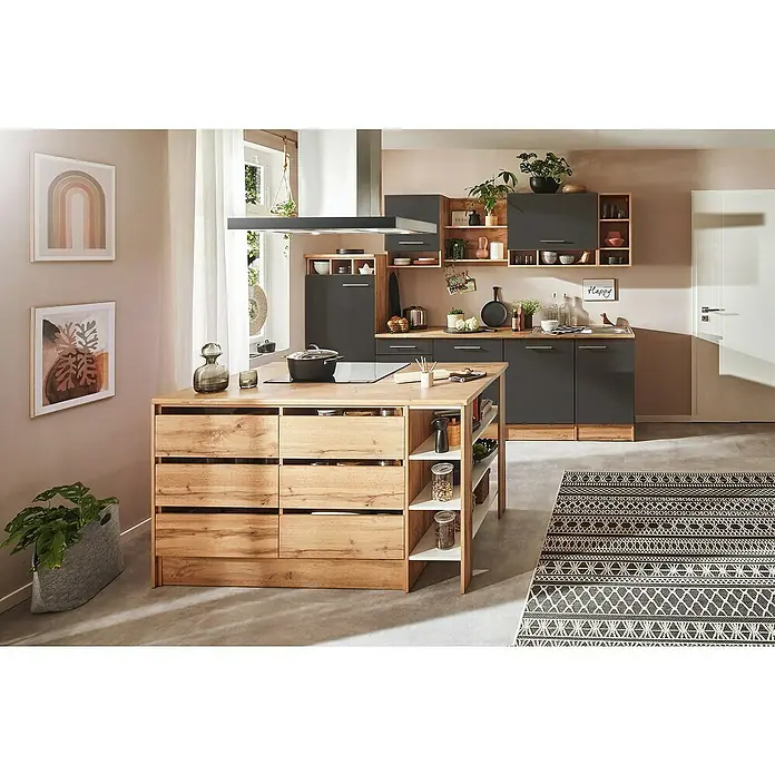 Respekta Inselküche Hilde Typ 1 - Breite: 280 cm, Grau, Mit Elektrogeräten - Moderne Küche mit Kochinsel und stilvollen Möbeln. Die grauen Schränke harmonieren perfekt mit dem Holzdekor der Insel.