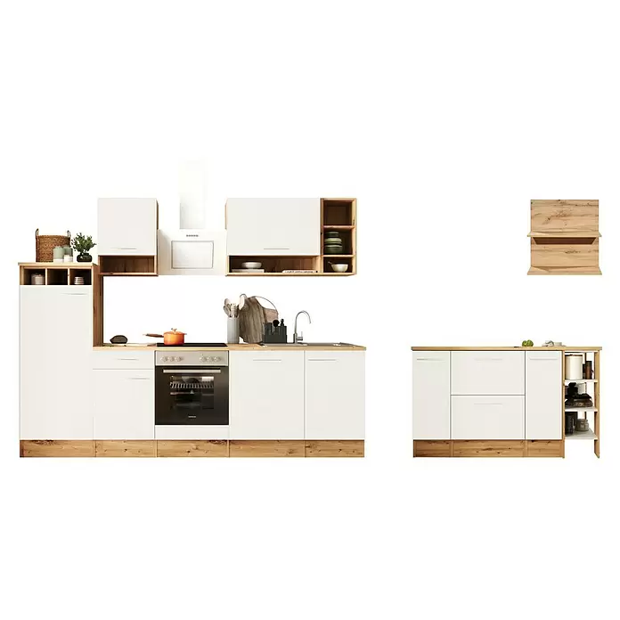 Respekta Inselküche Hilde Typ 2 - Breite: 280 cm, Weiß, Mit Elektrogeräten - Moderne Küchenmöbel mit weißen Schränken, hellen Holzdetails, integriertem Ofen, Kochfeld und Spüle, für eine zeitgemäße Küche.