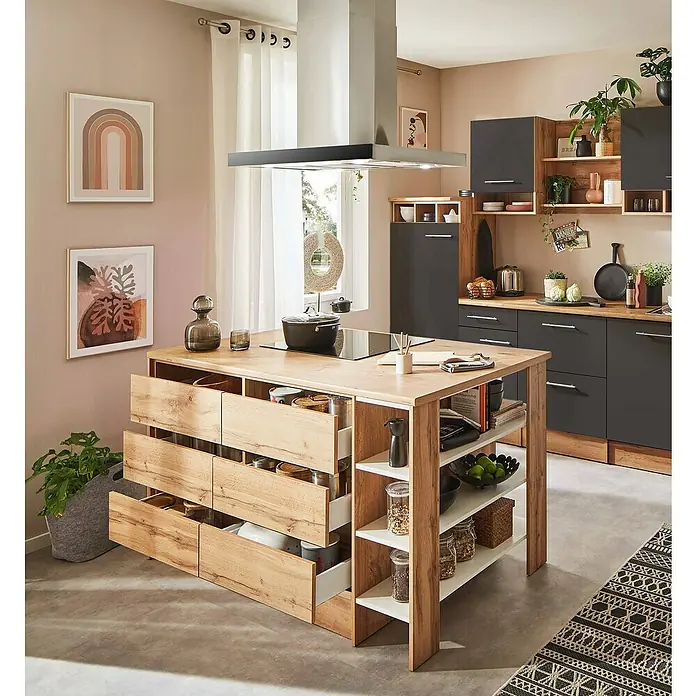 Respekta Inselküche Hilde Typ 1 - Breite: 280 cm, Grau, Matt, Mit Elektrogeräten - Helle Holzkücheninsel mit Schubladen und Regalen. Die moderne Kücheninsel bietet Stauraum und Arbeitsfläche, ideal für stilvolle Küchen.