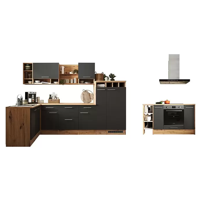 Respekta Inselküche Hilde Typ 1 - Breite: 310 cm, Grau, Matt, Mit Elektrogeräten - Moderne Küchenzeile mit dunkelgrauen Schränken und hellen Holzakzenten, inklusive Spüle, Kaffeemaschine, Backofen, Kochfeld und Dunstabzugshaube.