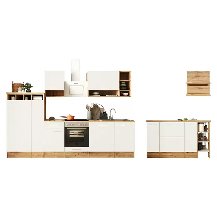 Respekta Inselküche Hilde Typ 2 - Breite: 310 cm, Weiß, Mit Elektrogeräten - Moderne weiße Küche mit Holzdetails, integriertem Backofen, Kochfeld, Spüle und passendem Beistellschrank.