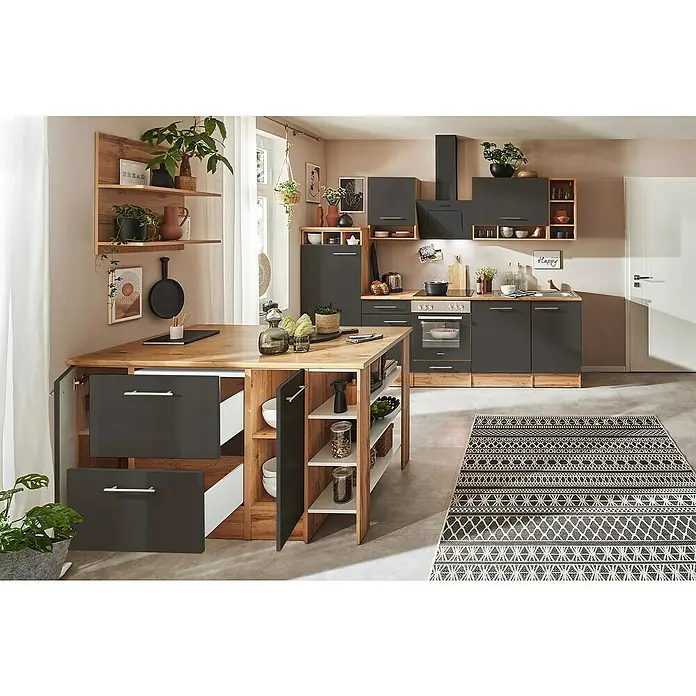 Respekta Inselküche Hilde Typ 2 - Breite: 280 cm, Grau, Mit Elektrogeräten - Eine moderne Küche mit Kochinsel, dunklen Schränken und Holzelementen bietet Stauraum und Arbeitsfläche.