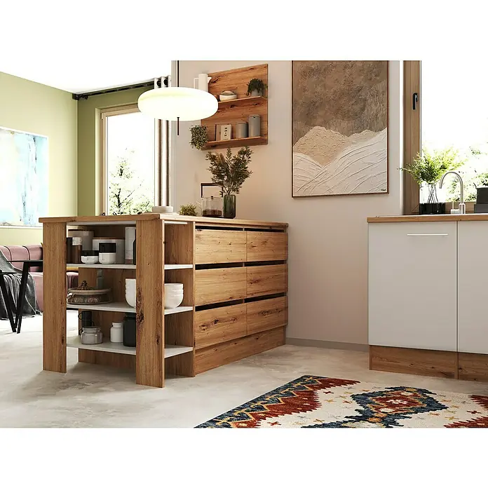Respekta Inselküche Hilde Typ 2 - Breite: 310 cm, Weiß, Matt, Mit Elektrogeräten - Kücheninsel aus Holz mit Regalen und Schubladen, ergänzt durch eine Arbeitsplatte, die zusätzlichen Stauraum und Arbeitsfläche bietet.