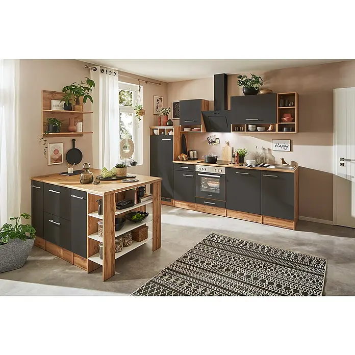 Respekta Inselküche Hilde Typ 2 - Breite: 280 cm, Grau, Mit Elektrogeräten - Moderne Küche in Grau und Holzoptik mit Kochinsel, Regalen und passendem Teppich für ein gemütliches Ambiente.