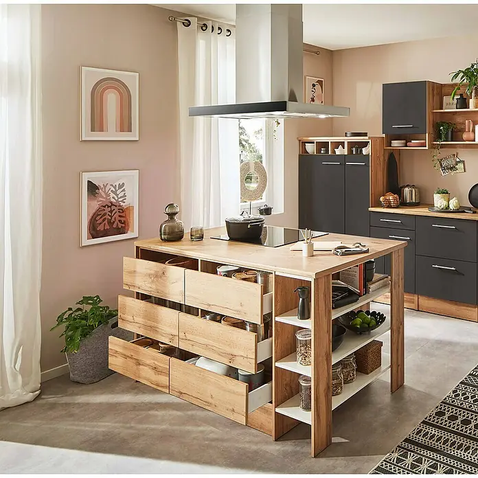 Respekta Inselküche Hilde Typ 1 - Breite: 310 cm, Grau, Matt, Mit Elektrogeräten - Kücheninsel aus hellem Holz mit Schubladen und Regalen, ideal für zusätzlichen Stauraum und Arbeitsfläche in der Küche.
