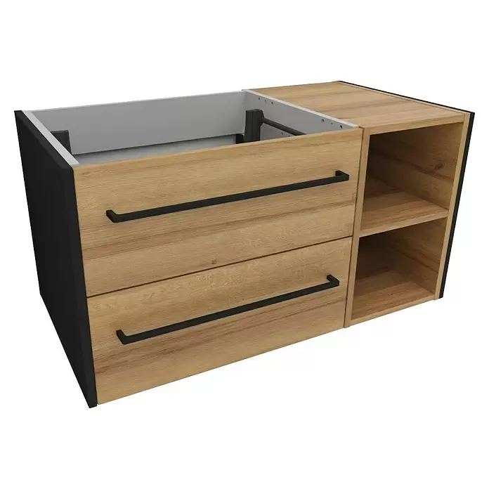 Lanzet Q4 Waschtischunterschrank - 92,8 x 50,5 x 49,2 cm, Berg Eiche/Schwarz - Helles Badmöbel aus Holz mit schwarzen Seiten, zwei Schubladen und offenen Fächern.