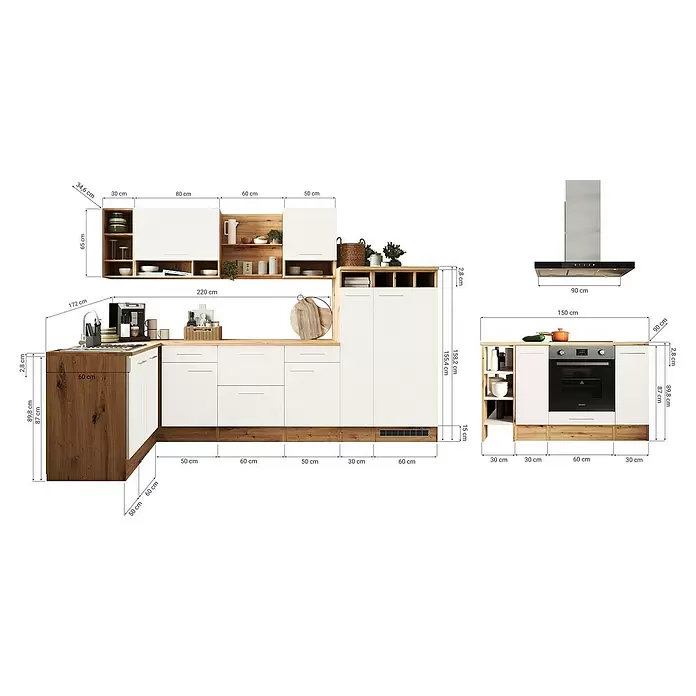 Respekta Inselküche Hilde Typ 1 - Breite: 310 cm, Weiß, Matt, Mit Elektrogeräten - L-förmige Einbauküche mit weißen Schrankfronten und Holzoptik-Arbeitsplatten, inklusive Unter-, Ober- und Hochschränken, Spüle und integriertem Backofen.