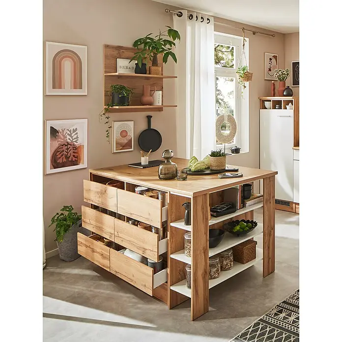 Respekta Inselküche Hilde Typ 2 - Breite: 280 cm, Weiß, Matt, Mit Elektrogeräten - Kücheninsel mit offenen Regalen und Schubladen aus Holz, ideal für zusätzlichen Stauraum und Arbeitsfläche in der Küche.