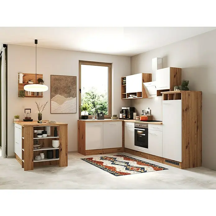 Respekta Inselküche Hilde Typ 2 - Breite: 280 cm, Weiß, Matt, Mit Elektrogeräten - Küchenansicht mit modernen Holz- und Weißtönen, bestehend aus Kücheninsel, Einbauschränken und Regalen. Die offene Gestaltung unterstreicht die freundliche Atmosphäre.