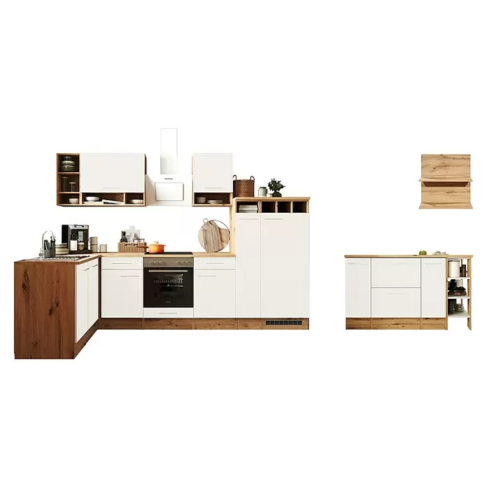Respekta Inselküche Hilde Typ 2 - Breite: 310 cm, Weiß, Matt, Mit Elektrogeräten - Modulare Küchenzeile mit weißen Schränken, Holz-Arbeitsplatten und integrierten Geräten. Inklusive zusätzlicher Regale.
