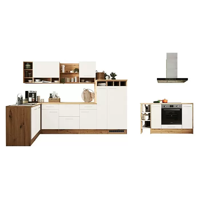 Respekta Inselküche Hilde Typ 1 - Breite: 310 cm, Weiß, Matt, Mit Elektrogeräten - Moderne Küche mit weißen Schränken und hellen Holzakzenten, inklusive Spüle, Backofen und Dunstabzugshaube.