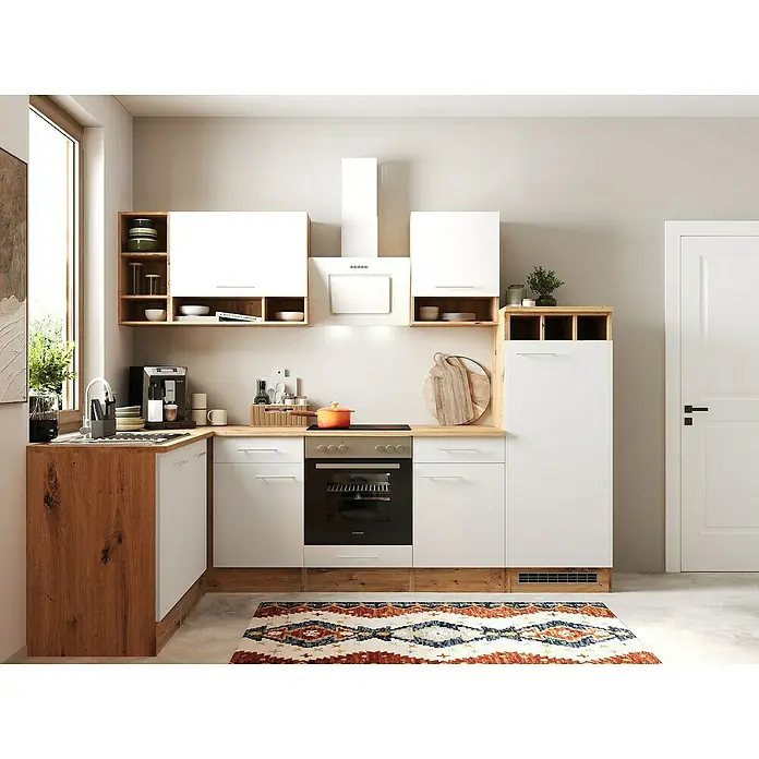 Respekta Inselküche Hilde Typ 2 - Breite: 280 cm, Weiß, Matt, Mit Elektrogeräten - Moderne Küche mit weißen Schränken, Holzdetails und integrierten Geräten für ein stilvolles und funktionales Design.