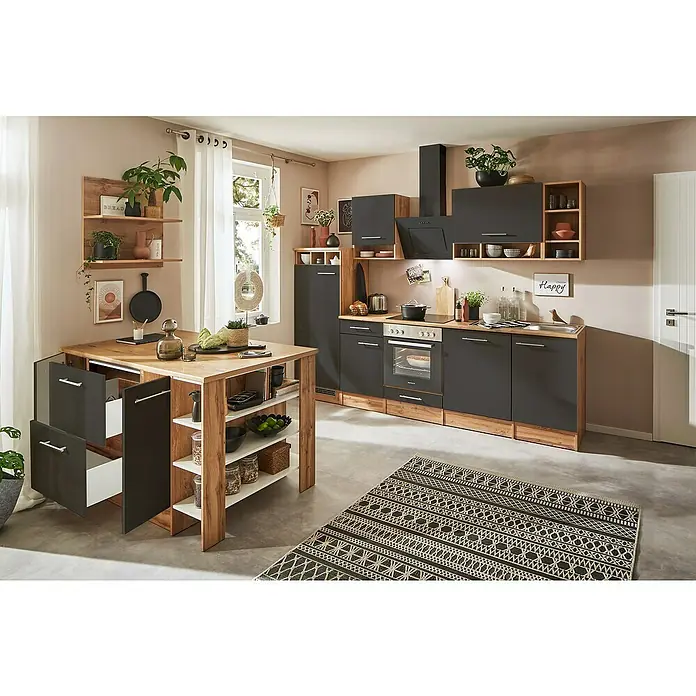 Respekta Inselküche Hilde Typ 2 - Breite: 280 cm, Grau, Mit Elektrogeräten - Küchenansicht mit Esstisch und Stühlen. Die Küche verfügt über graue Schränke und Holzdetails. Die Einrichtung wirkt modern und einladend.