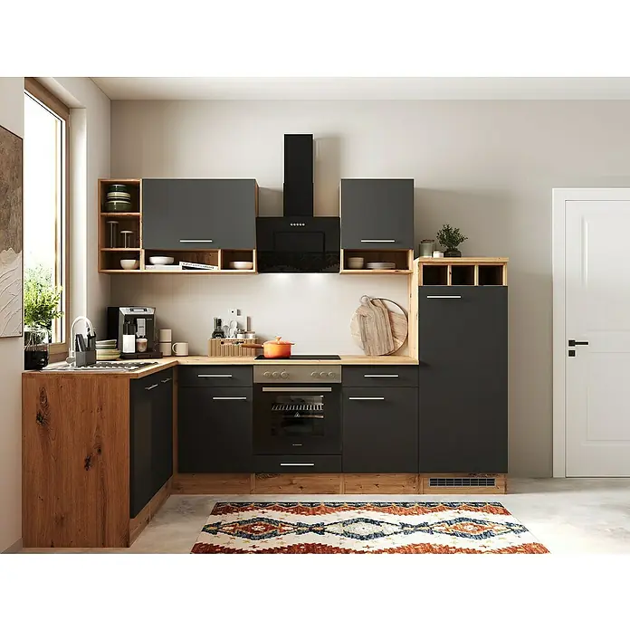 Respekta Inselküche Hilde Typ 2 - Breite: 280 cm, Grau, Matt, Mit Elektrogeräten - Kücheninterieur mit modernen grauen Schränken und Akzenten in Holzoptik, inklusive Geräten und einer stilvollen Dunstabzugshaube.