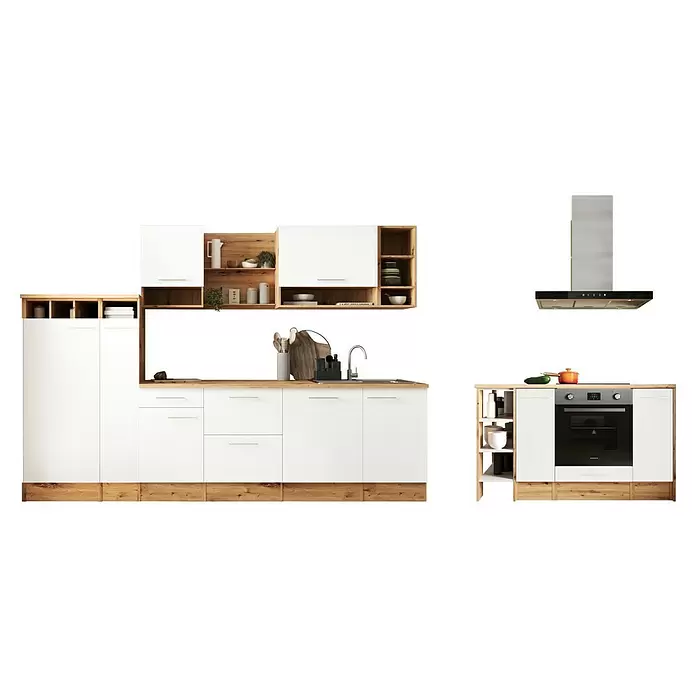 Respekta Inselküche Hilde Typ 1 - Breite: 310 cm, Weiß, Mit Elektrogeräten - Moderne weiß-holz Küche mit Spüle, Ofen und Dunstabzugshaube, offenen Regalen und praktischem Stauraum.