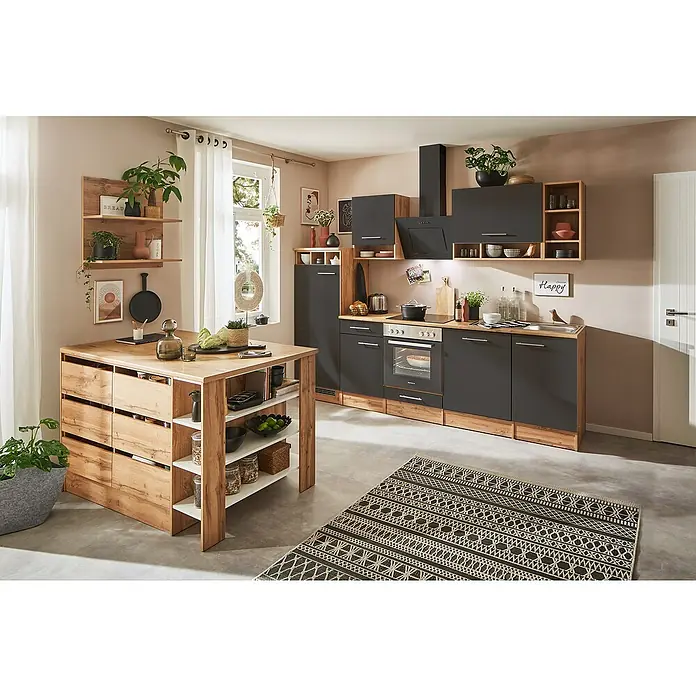 Respekta Inselküche Hilde Typ 2 - Breite: 280 cm, Grau, Mit Elektrogeräten - Helle Küche mit dunklen Elementen und einer Kochinsel mit Holzstruktur für Kochutensilien und Geschirr.
