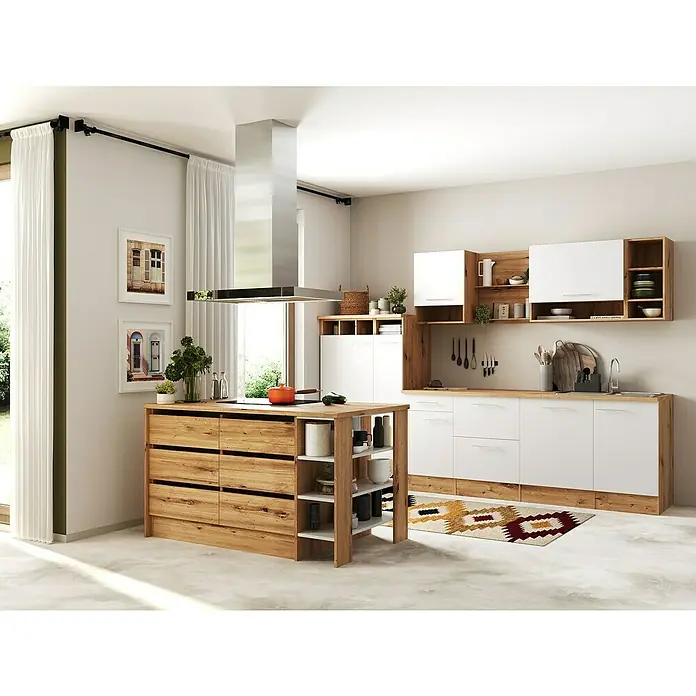 Respekta Inselküche Hilde Typ 1 - Breite: 310 cm, Weiß, Mit Elektrogeräten - Helle Küche mit Kücheninsel aus Holz und weißen Schränken. Moderne Küchenausstattung für ein stilvolles Zuhause.