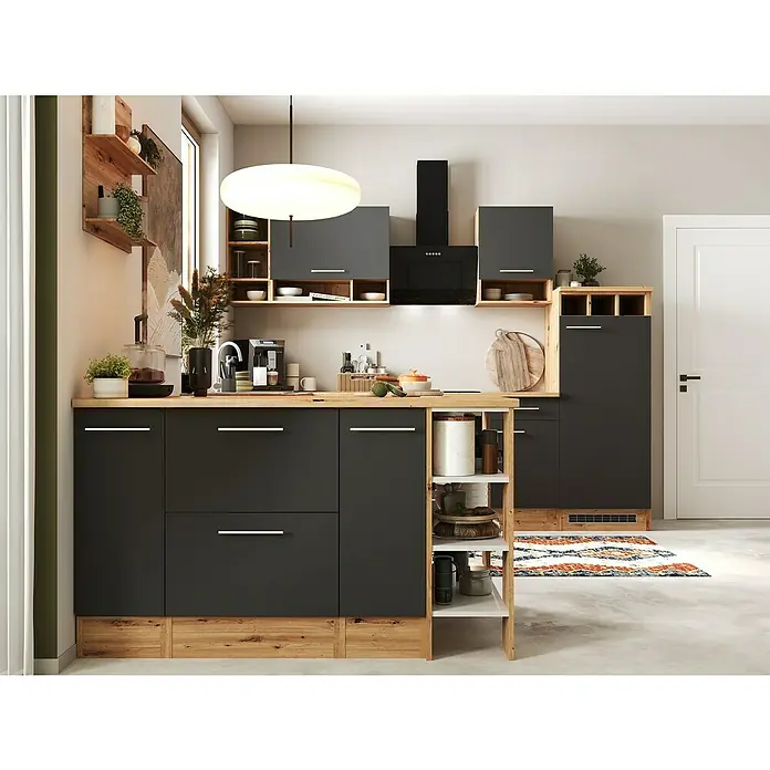 Respekta Inselküche Hilde Typ 2 - Breite: 280 cm, Grau, Matt, Mit Elektrogeräten - Elegante graue Küche mit Holzelementen und modernen Geräten. Die offene Gestaltung bietet viel Stauraum und eine stilvolle Atmosphäre zum Kochen.