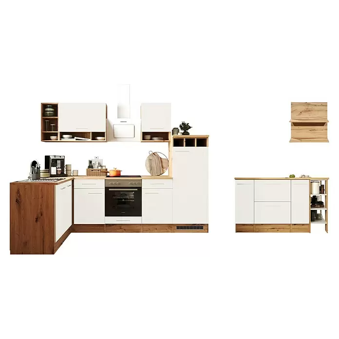 Respekta Inselküche Hilde Typ 2 - Breite: 280 cm, Weiß, Matt, Mit Elektrogeräten - Moderne L-förmige Küchenzeile in Weiß- und Holztönen mit integrierten Geräten und separatem Beistellschrank.