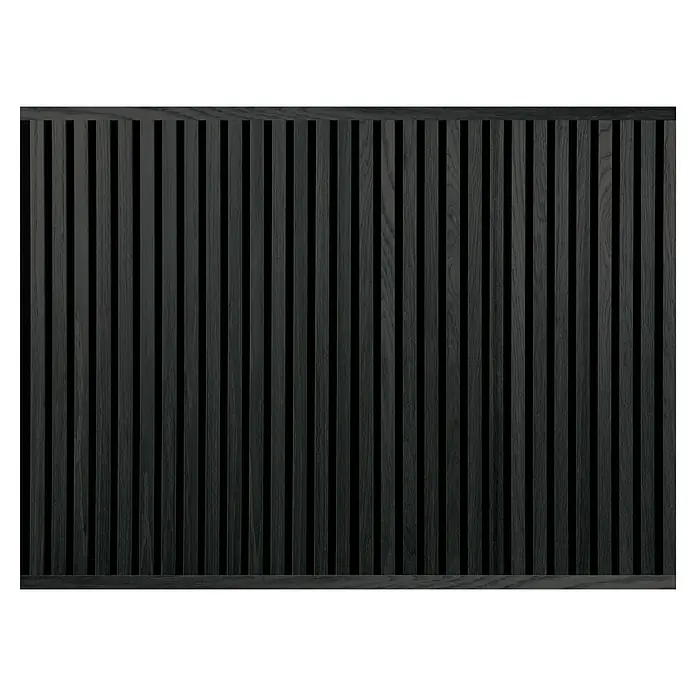 FibroTech Abschlussleiste - 3.000 x 25 x 22 mm, 2 Stk., Black Oak - Schwarze Holzpaneelwand mit vertikalen Lamellen, die eine moderne und elegante Atmosphäre schafft. Die dunkle Farbe betont die Textur des Holzes.