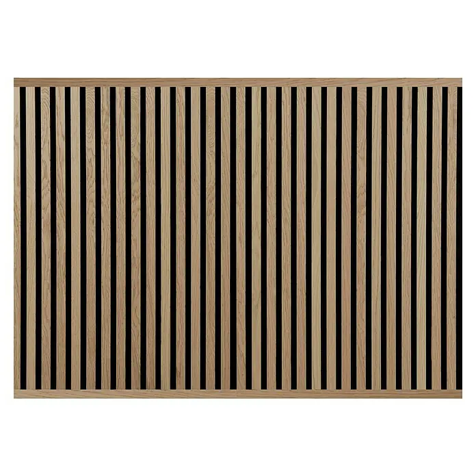 FibroTech Abschlussleiste - 3.000 x 25 x 22 mm, 2 Stk., Light Oak - Dieses Bild zeigt eine elegante Holzpaneelwand mit vertikalen Lamellen, die ein stilvolles und modernes Design für Innenräume bietet.