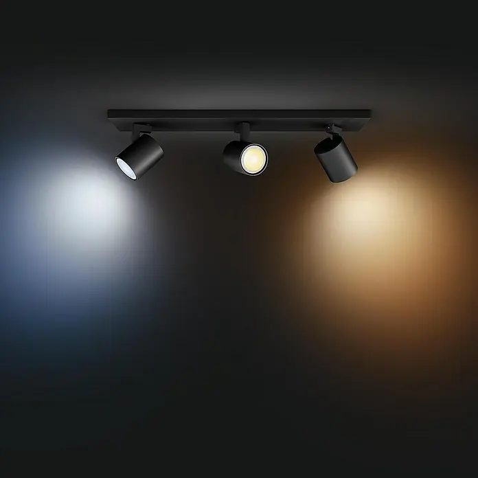 Philips Hue LED-Deckenstrahler White Ambiance Runner - 12,6 W, L x B x H: 8,9 x 48 x 10,9 cm, Schwarz, Mehrfarbig, 3 Stk. - Schwarze Deckenleuchte mit drei Strahlern, die verschiedenfarbiges Licht abgeben, für eine stimmungsvolle Beleuchtung.