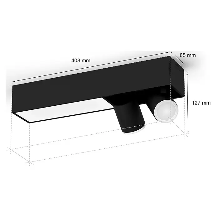 Philips Hue LED-Deckenstrahler White & Color Ambiance Centris - 22,4 W, L x B x H: 8,5 x 40,8 x 12,7 cm, Schwarz, RGBW, 3 Stk. - Schwarze Deckenleuchte mit zwei Strahlern und Maßangaben für Länge, Breite und Höhe zur präzisen Planung der Raumbeleuchtung.