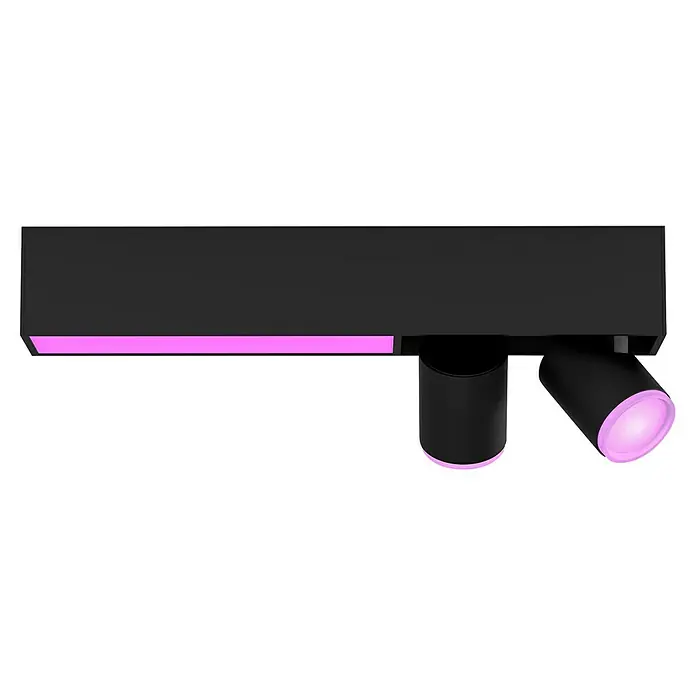 Philips Hue LED-Deckenstrahler White & Color Ambiance Centris - 22,4 W, L x B x H: 8,5 x 40,8 x 12,7 cm, Schwarz, RGBW, 3 Stk. - Schwarze Lichtleiste mit integrierter Beleuchtung und zwei Strahlern. Elegantes Design für moderne Beleuchtungskonzepte.