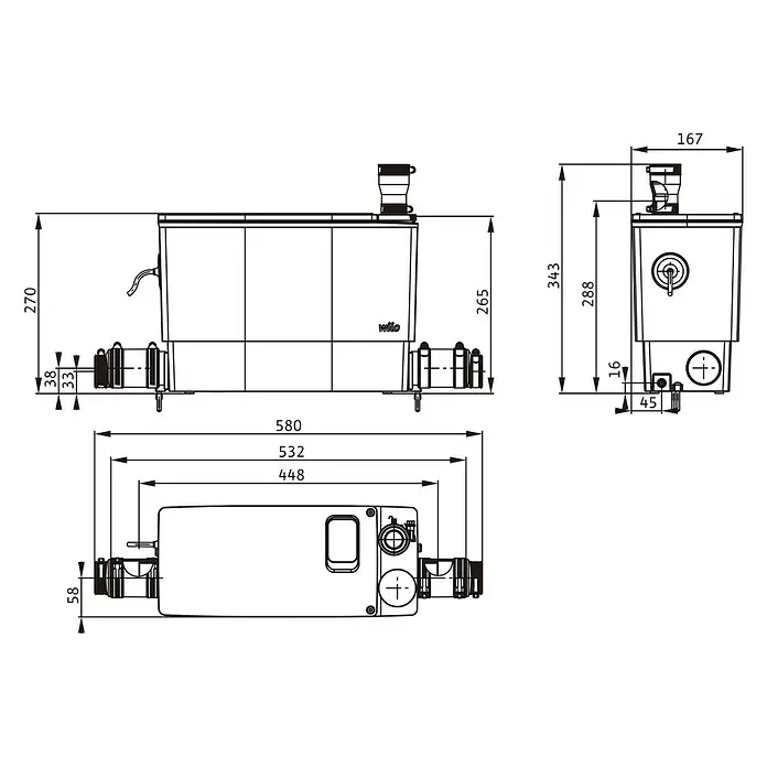Wilo Hebeanlage DrainLift MINI3 - Max. Förderhöhe: 8,256 m, Weiß - Technische Zeichnung mit Maßen eines rechteckigen Pumpensystems, mit Vorder-, Seiten- und Draufsicht.