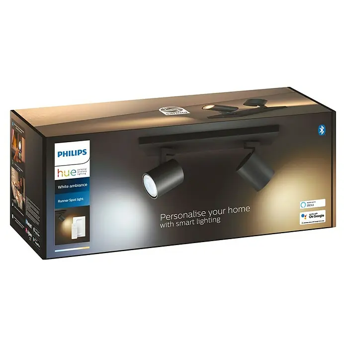 Philips Hue LED-Deckenstrahler White Ambiance Runner - 8,4 W, L x B x H: 8,9 x 30,5 x 10,9 cm, Schwarz, Mehrfarbig, 2 Stk. - Verpackung der Philips Hue Runner Spot Light, einer intelligenten Beleuchtung zur Personalisierung Ihres Zuhauses mit weißem Ambiente.