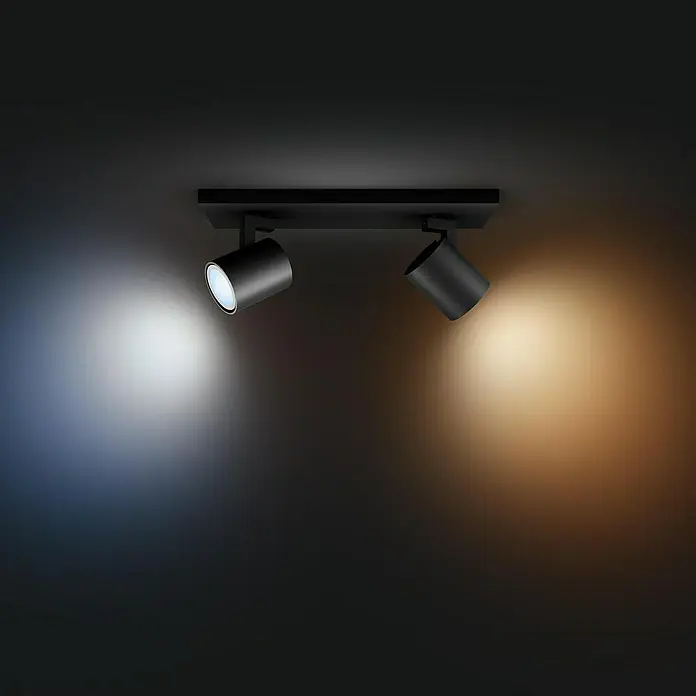 Philips Hue LED-Deckenstrahler White Ambiance Runner - 8,4 W, L x B x H: 8,9 x 30,5 x 10,9 cm, Schwarz, Mehrfarbig, 2 Stk. - Deckenleuchte mit zwei Strahlern, die in unterschiedlichen Farbtemperaturen leuchten, für eine vielseitige Beleuchtung im Raum.