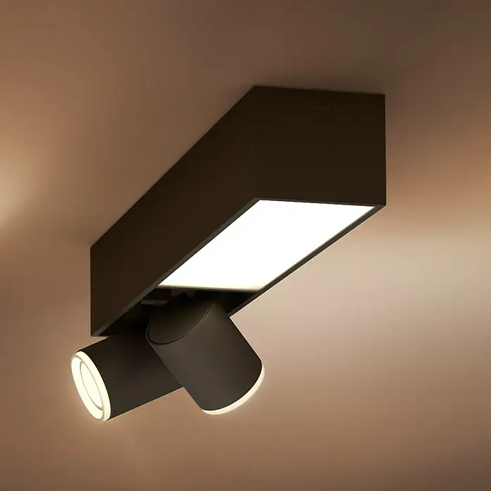 Philips Hue LED-Deckenstrahler White & Color Ambiance Centris - 22,4 W, L x B x H: 8,5 x 40,8 x 12,7 cm, Schwarz, RGBW, 3 Stk. - Moderne Deckenleuchte mit quadratischer Hauptleuchte und zwei schwenkbaren Spots, ideal für stilvolle Beleuchtung.